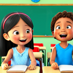 **Tayo and friends learning English:** "Tayo the Little Bus and his friends Rogi, Lani, and Gani singing English songs in a colorful classroom, happy and bright, learning English."