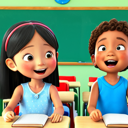 **Tayo and friends learning English:** "Tayo the Little Bus and his friends Rogi, Lani, and Gani singing English songs in a colorful classroom, happy and bright, learning English."