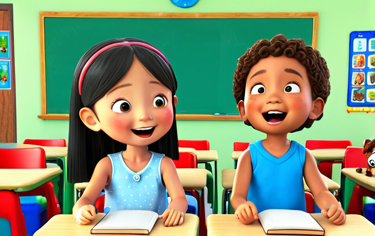 **Tayo and friends learning English:** "Tayo the Little Bus and his friends Rogi, Lani, and Gani singing English songs in a colorful classroom, happy and bright, learning English."