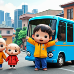 **

A group of adorable "Tayo" bus characters helping a lost Rogi. Focus on the emotion of empathy and comfort. Background should suggest a friendly, animated cityscape. The style should be bright and cheerful, appealing to young children.

**