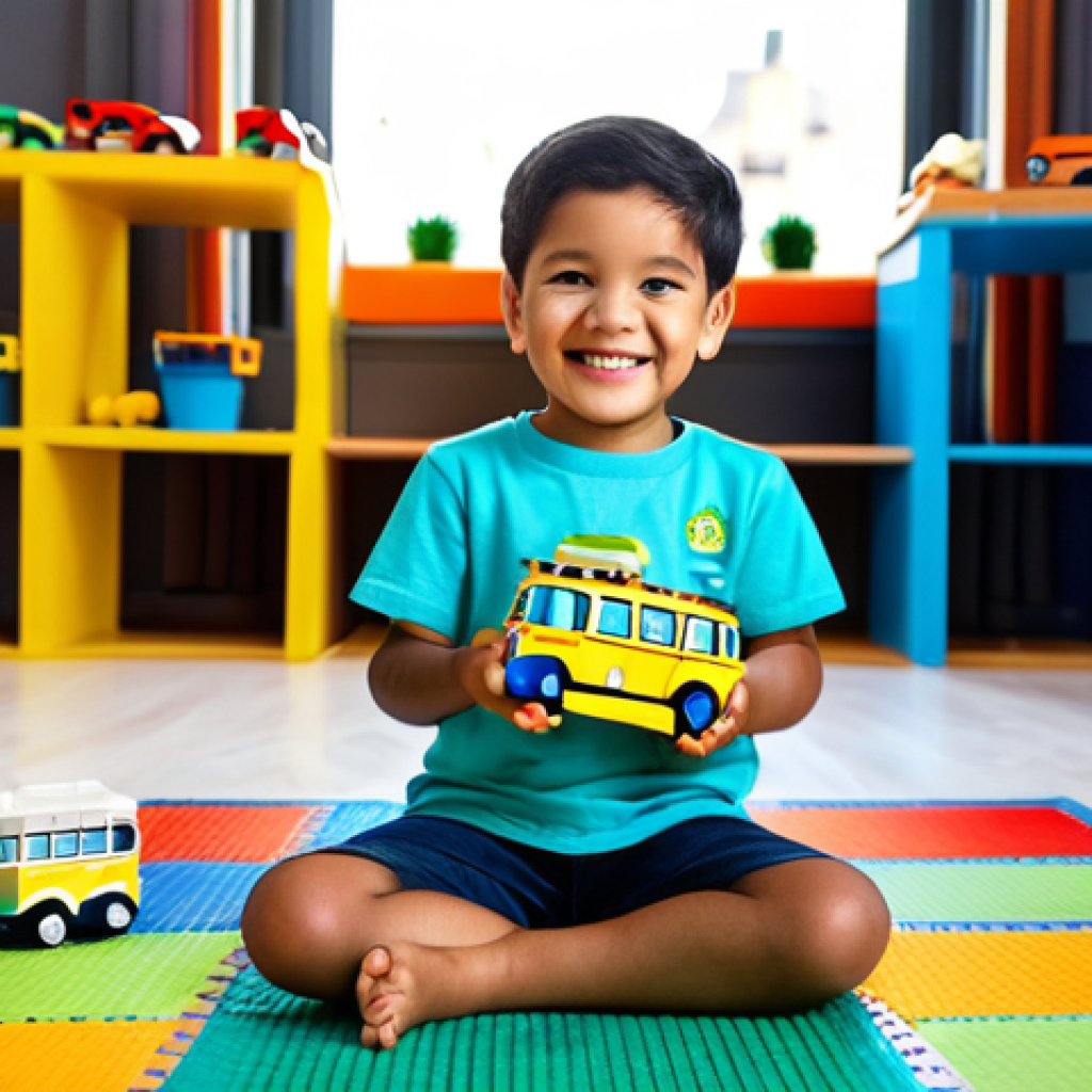 A happy young child, approximately 4-6 years old, fully clothed in a modest, family-friendly t-shirt and comfortable shorts, sitting on a colorful play mat in a bright, tidy playroom. The child is engaged in imaginative play, gently pushing a collection of authentic Tayo, Rogi, Lani, and Gani bus toys across the mat. Their small, well-formed hands are visible, holding one of the toy buses. A few simple building blocks are subtly arranged in the background, simulating a miniature city. The child has a joyful, innocent, and focused expression. Perfect anatomy, correct proportions, natural pose, proper finger count, natural body proportions. Professional, high-quality photography, vibrant colors, detailed, soft natural lighting. Safe for work, appropriate content, fully clothed, family-friendly.