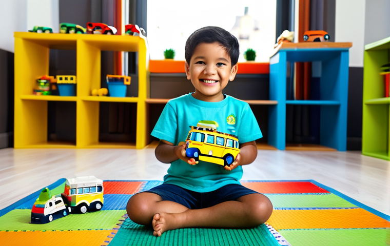 A happy young child, approximately 4-6 years old, fully clothed in a modest, family-friendly t-shirt and comfortable shorts, sitting on a colorful play mat in a bright, tidy playroom. The child is engaged in imaginative play, gently pushing a collection of authentic Tayo, Rogi, Lani, and Gani bus toys across the mat. Their small, well-formed hands are visible, holding one of the toy buses. A few simple building blocks are subtly arranged in the background, simulating a miniature city. The child has a joyful, innocent, and focused expression. Perfect anatomy, correct proportions, natural pose, proper finger count, natural body proportions. Professional, high-quality photography, vibrant colors, detailed, soft natural lighting. Safe for work, appropriate content, fully clothed, family-friendly.