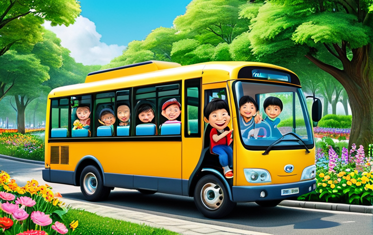 ** A colorful illustration of Tayo the Little Bus and his friends enjoying a day at the park. They are surrounded by lush greenery, blooming flowers, and children playing happily. Tayo is smiling and waving, creating a cheerful and family-friendly scene. Safe for work, appropriate content, fully clothed, professional.
**