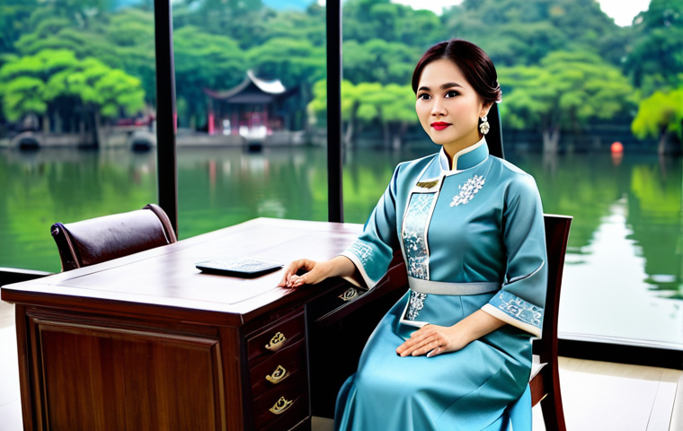 **
"A professional businesswoman in a modest Ao Dai (traditional Vietnamese dress), sitting at a desk in a modern office overlooking Hoan Kiem Lake, fully clothed, appropriate attire, safe for work, perfect anatomy, natural proportions, professional photography, high quality"
**